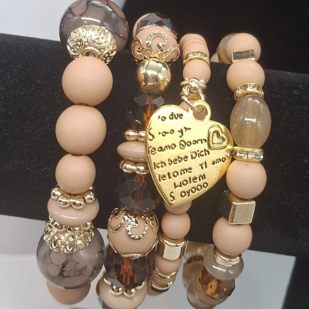 Boho Brown and Peach Color Beaded Bracelet 4 Pc Set with Gold Accents - Picture 2 of 2